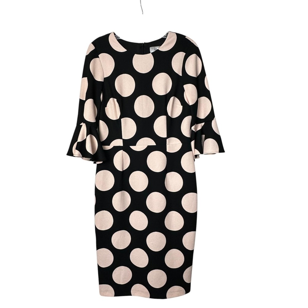 Coast Dress Womens 8 Black Polka Dot Sheath Bell Sleeve Ruffle Lined Knee Length